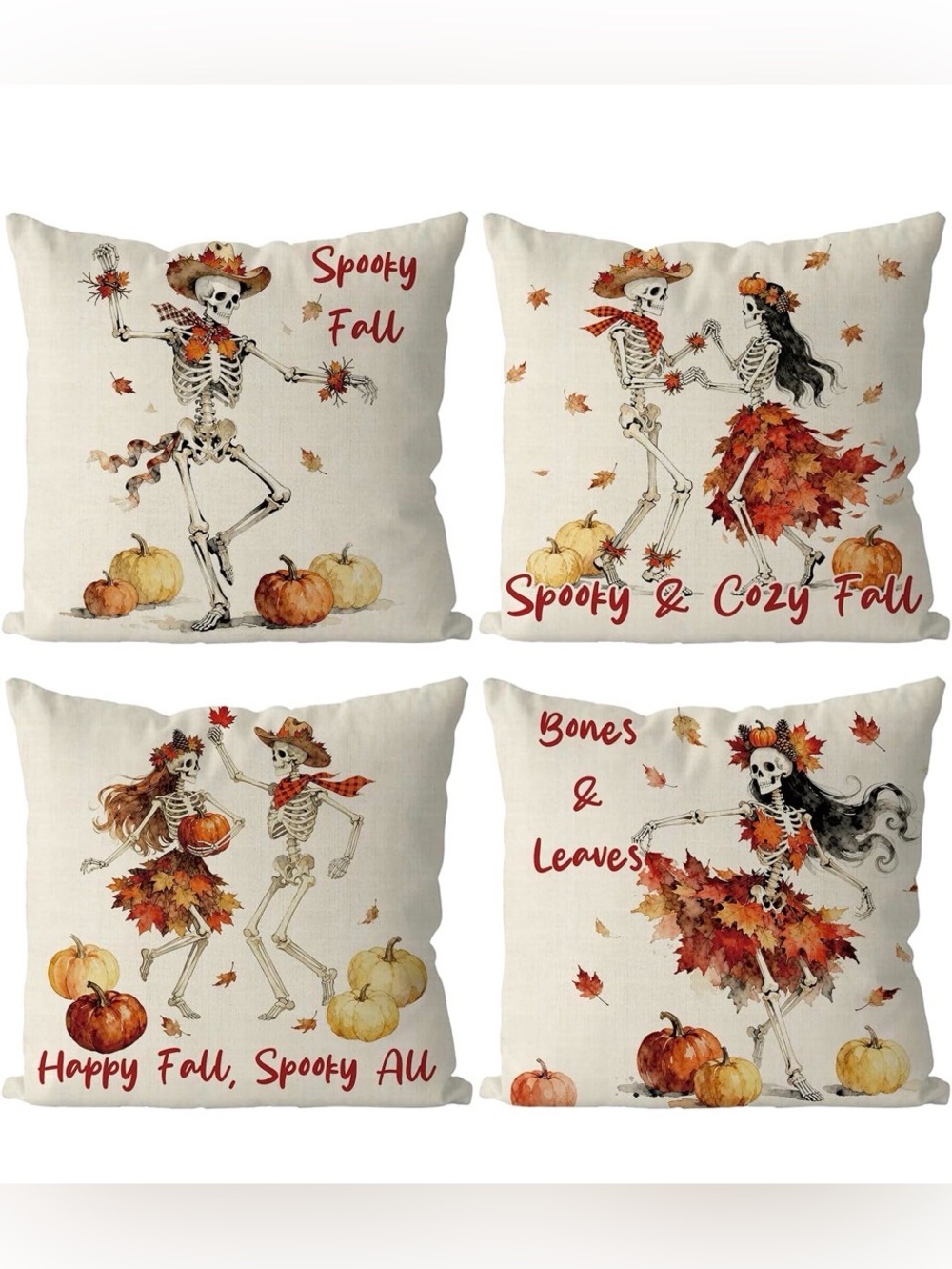 Fall Skeleton Decorative Throw Pillow Covers - Beige and Orange Autumn Set of 4